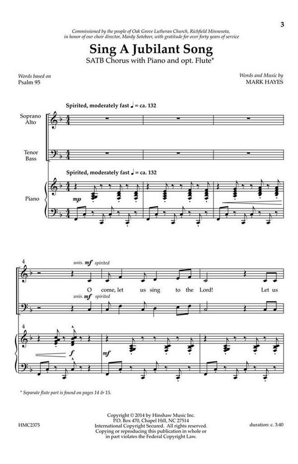 Mark Hayes, Sing A Jubilant Song&nbsp;&nbsp;SATB, Piano, Flute Optional&nbsp;&nbsp;Chorpartitur