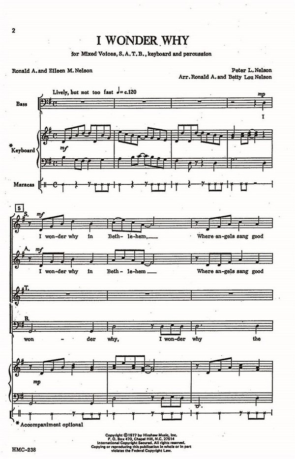 Peter Nelson, I Wonder Why&nbsp;&nbsp;SATB, Keyboard, Optional Percussion&nbsp;&nbsp;Chorpartitur