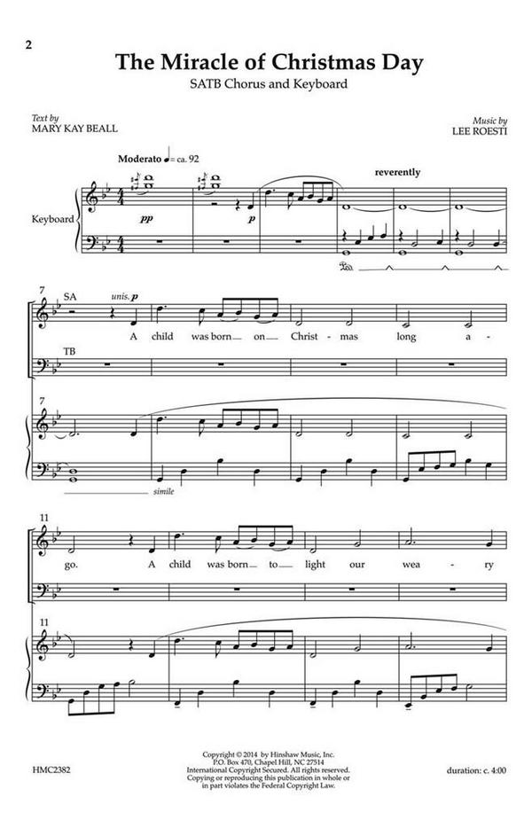 Lee Roesti, The Miracle Of Christmas Day&nbsp;&nbsp;SATB and Organ&nbsp;&nbsp;Chorpartitur