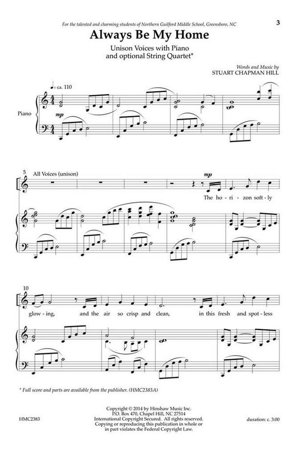 Stuart Chapman Hill, Always Be My Home&nbsp;&nbsp;Unison, Piano, Viola, Cello&nbsp;&nbsp;Chorpartitur