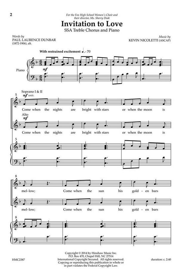 Kevin Nicoletti, Invitation To Love&nbsp;&nbsp;SSA, Piano&nbsp;&nbsp;Chorpartitur