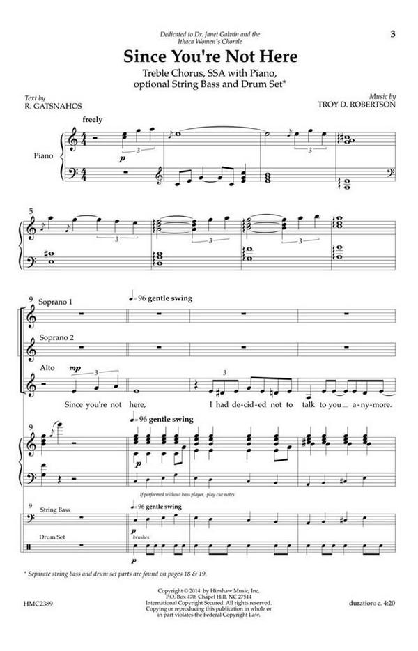 Troy Robertson, Since You're Not Here&nbsp;&nbsp;SSA, Piano&nbsp;&nbsp;Chorpartitur