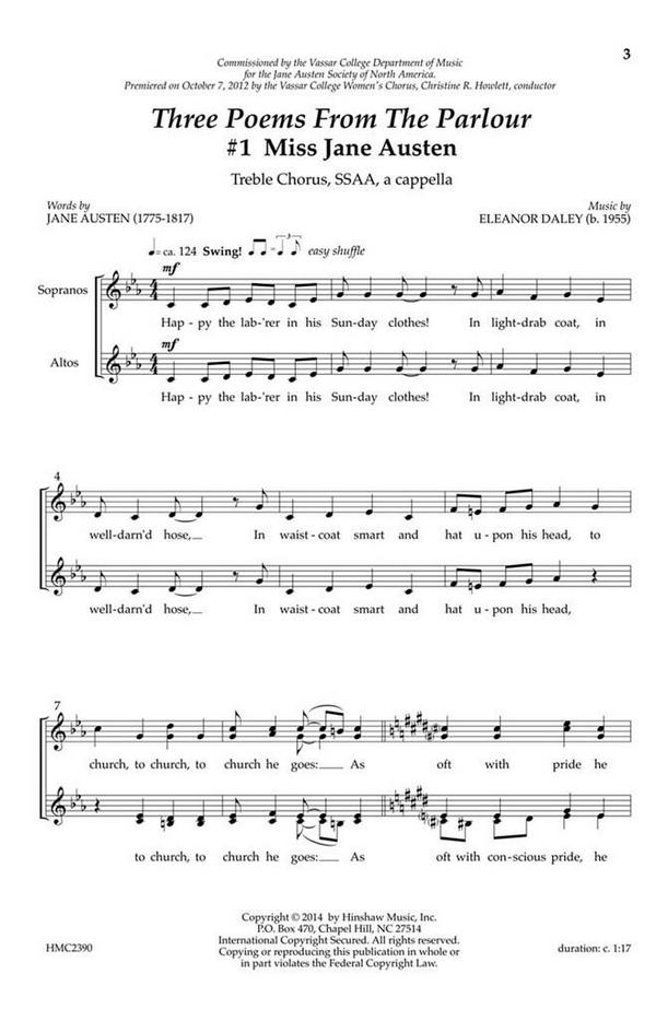 Eleanor Daley, Three Poems From The Parlour&nbsp;&nbsp;SSAA a Cappella&nbsp;&nbsp;Chorpartitur