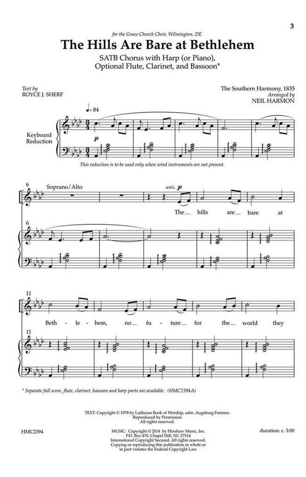 The Hills Are Bare At Bethlehem&nbsp;&nbsp;SATB, Piano Or Harp, Flute, Clarinet and Bassoon&nbsp;&nbsp;Chorpartitur