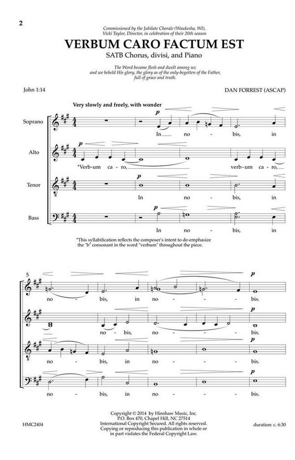 Dan Forrest, Verbum Caro Factum Est&nbsp;&nbsp;SATB, Piano&nbsp;&nbsp;Chorpartitur