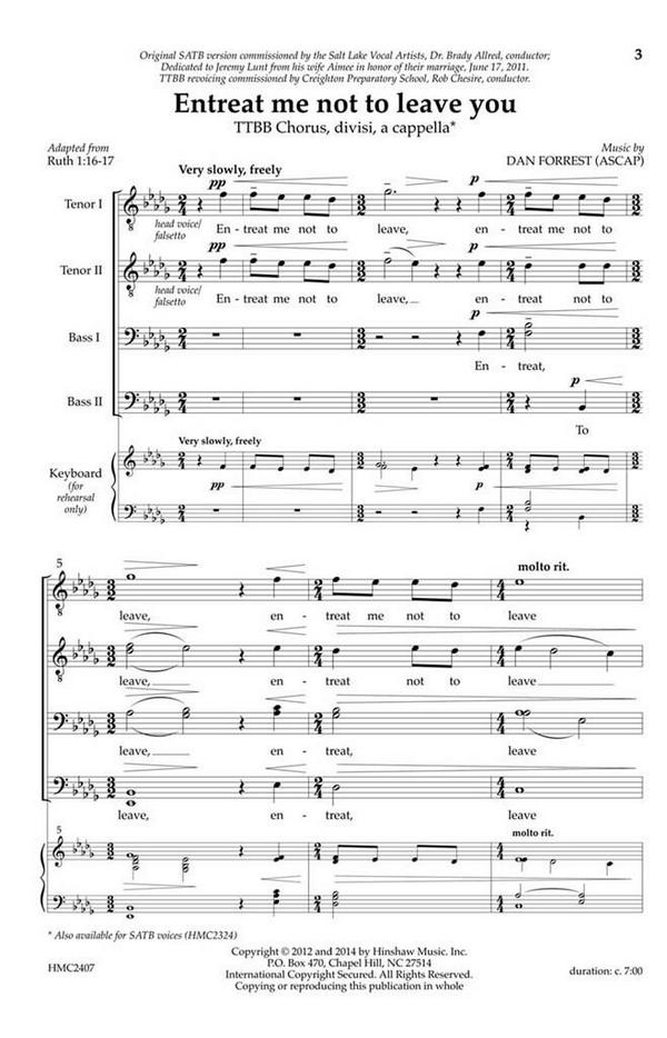 Dan Forrest, Entreat Me Not To Leave You&nbsp;&nbsp;TTBB a Cappella&nbsp;&nbsp;Chorpartitur