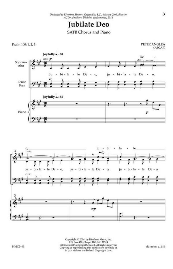 Jubilate Deo&nbsp;&nbsp;for mixed chorus and piano&nbsp;&nbsp;vocal score (la)