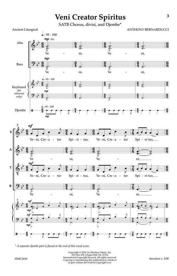 Anthony Bernarducci, Veni Creator Spiritus  SATB Divisi, Djembe  Chorpartitur