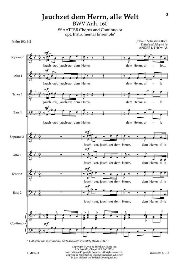 Johann Sebastian Bach, Jauchzet Dem Herrn, Alle Welt&nbsp;&nbsp;SATB - Double, Piano&nbsp;&nbsp;Chorpartitur
