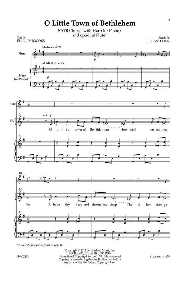 Bill Snedden, O Little Town Of Bethlehem&nbsp;&nbsp;SATB, Piano Or Harp and Flute&nbsp;&nbsp;Chorpartitur