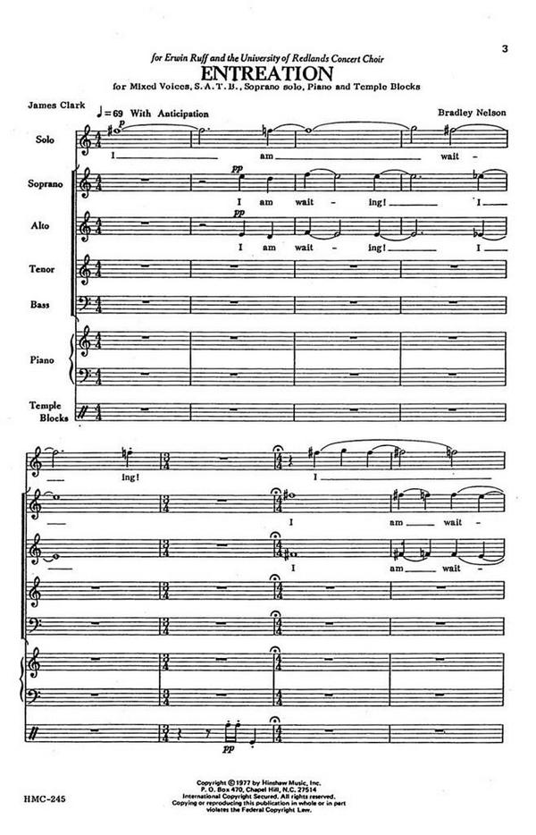Bradley Nelson, Entreation&nbsp;&nbsp;SATB, Soprano Solo, Piano and Temple Blocks&nbsp;&nbsp;Chorpartitur