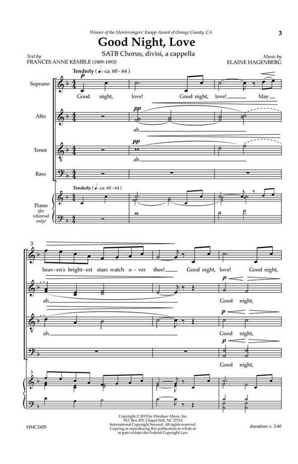 Elaine Hagenberg, Good Night, Love&nbsp;&nbsp;SATB Divisi a Cappella&nbsp;&nbsp;Chorpartitur
