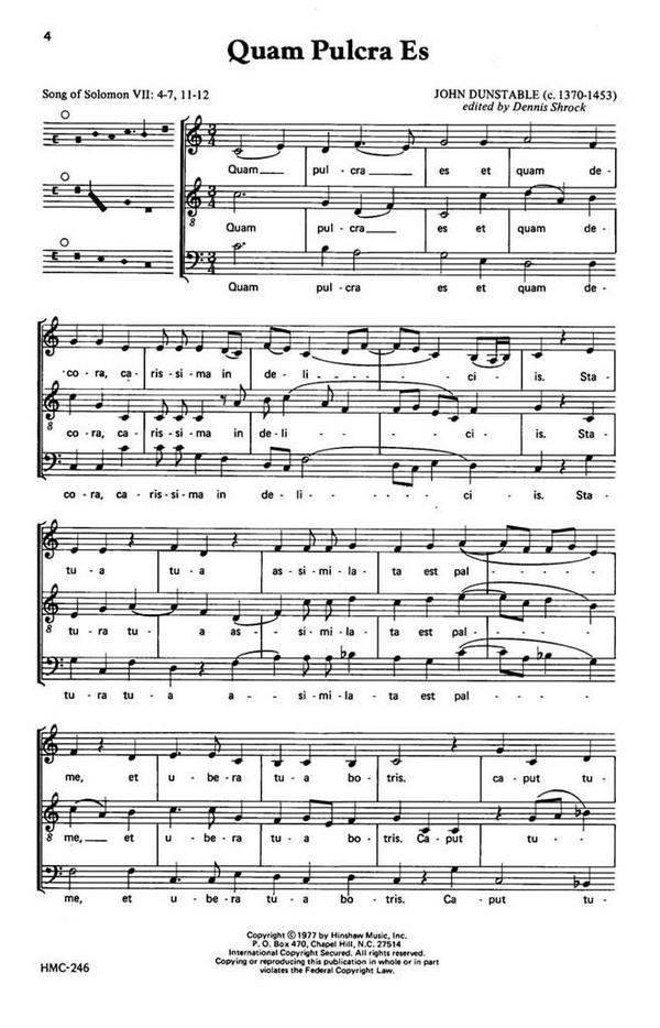 John Dunstable, Quam Pulcra Es&nbsp;&nbsp;SA or TB, a Cappella&nbsp;&nbsp;Chorpartitur