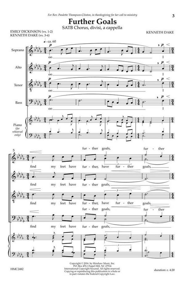 Kenneth Dake, Further Goals&nbsp;&nbsp;SATB Divisi a Cappella&nbsp;&nbsp;Chorpartitur