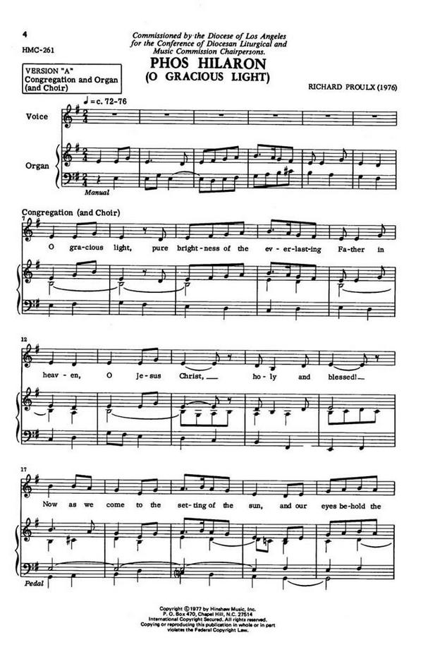 Phos Hilaron&nbsp;&nbsp;for unison choir and congregation (organ)&nbsp;&nbsp;score