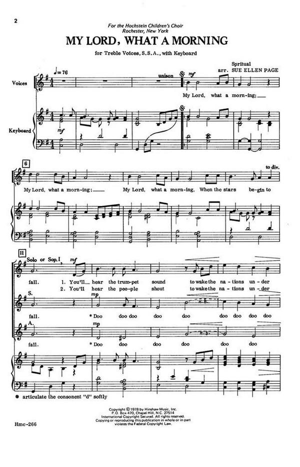 My Lord, What A Morning&nbsp;&nbsp;SSA, Keyboard&nbsp;&nbsp;Chorpartitur
