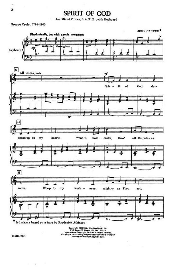 John Carter, Spirit Of God&nbsp;&nbsp;SATB and Keyboard&nbsp;&nbsp;Chorpartitur