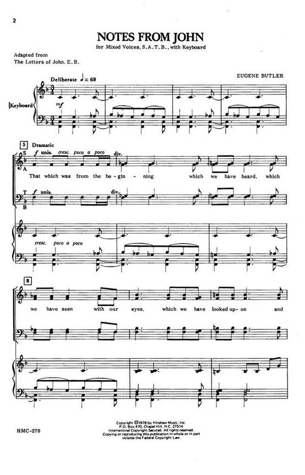 Eugene Butler, Notes From John&nbsp;&nbsp;SATB and Keyboard&nbsp;&nbsp;Chorpartitur