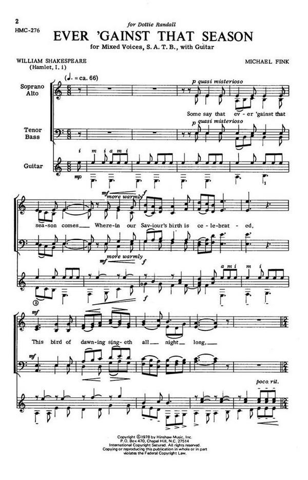 Michael Fink, Ever 'gainst That Season&nbsp;&nbsp;SATB, Guitar&nbsp;&nbsp;Chorpartitur