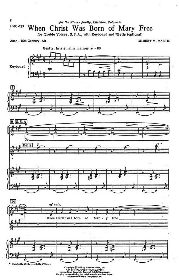 Gilbert Martin, When Christ Was Born Of Mary Free&nbsp;&nbsp;SSA, Keyboard&nbsp;&nbsp;Chorpartitur