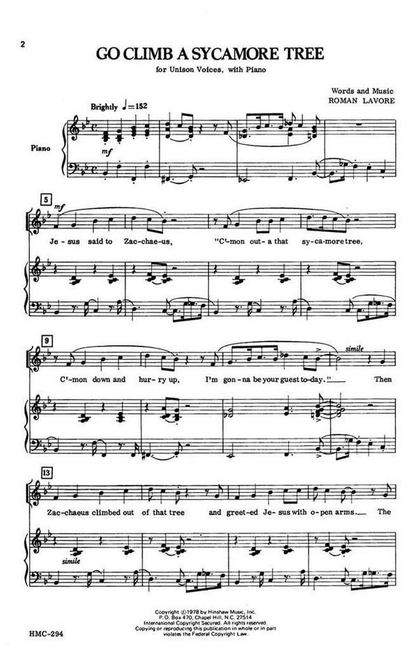 Roman Lavore, Go Climb A Sycamore Tree&nbsp;&nbsp;Unison, Piano&nbsp;&nbsp;Chorpartitur