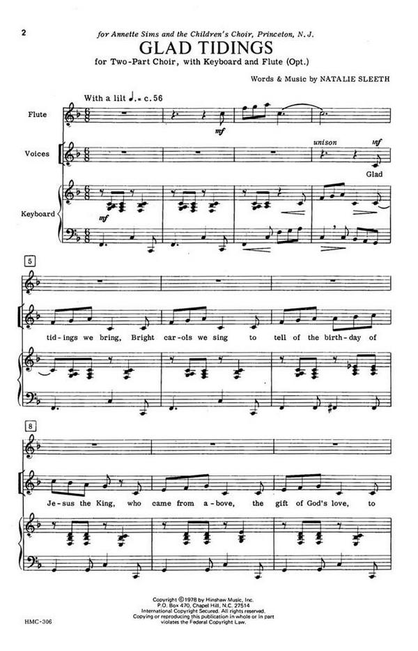 Natalie Sleeth, Glad Tidings&nbsp;&nbsp;2-Part Choir, Keyboard and Opt. Flute&nbsp;&nbsp;Chorpartitur