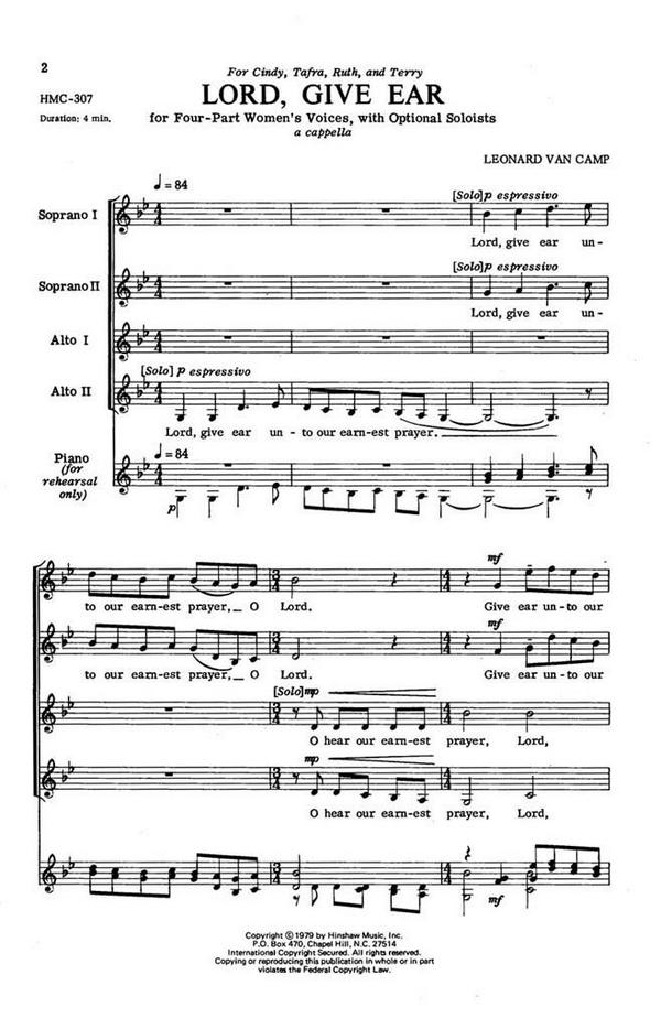 Leonard Van Camp, Lord, Give Ear&nbsp;&nbsp;4-Part Women's Voices, a Cappella&nbsp;&nbsp;Chorpartitur
