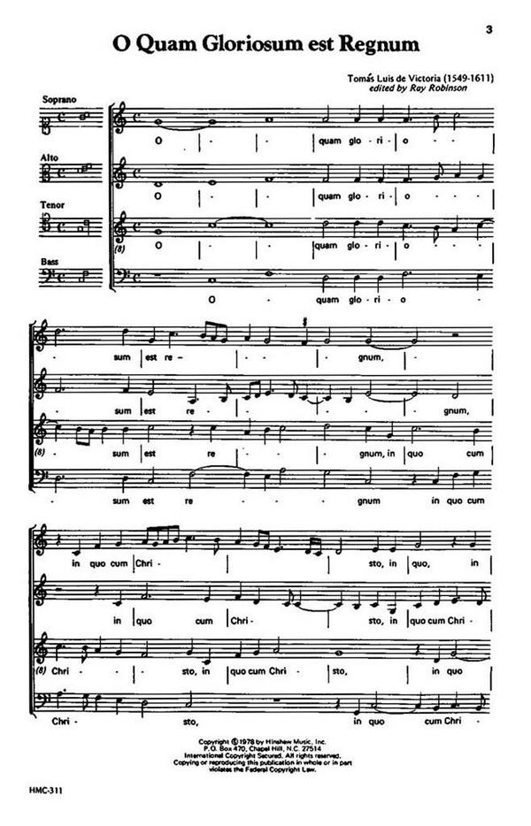 Tomás Luis de Victoria, O Quam Gloriosum Est Regnum&nbsp;&nbsp;SATB a Cappella&nbsp;&nbsp;Chorpartitur