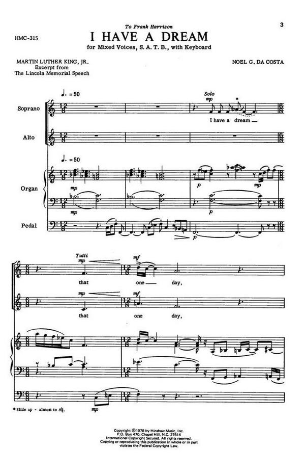 Noel Dacosta, I Have A Dream&nbsp;&nbsp;SATB and Keyboard&nbsp;&nbsp;Chorpartitur