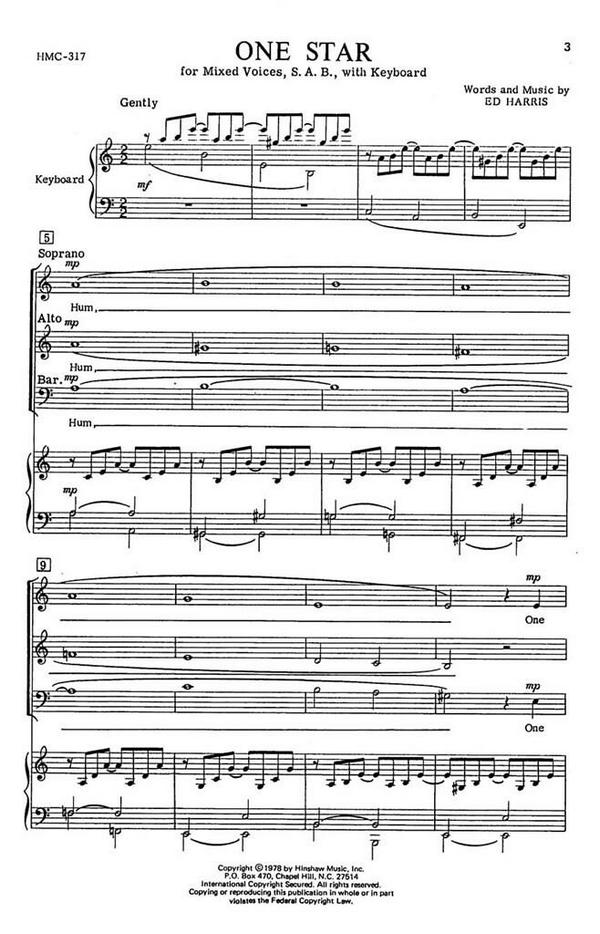 Ed Harris, One Star&nbsp;&nbsp;SAB and Keyboard&nbsp;&nbsp;Chorpartitur