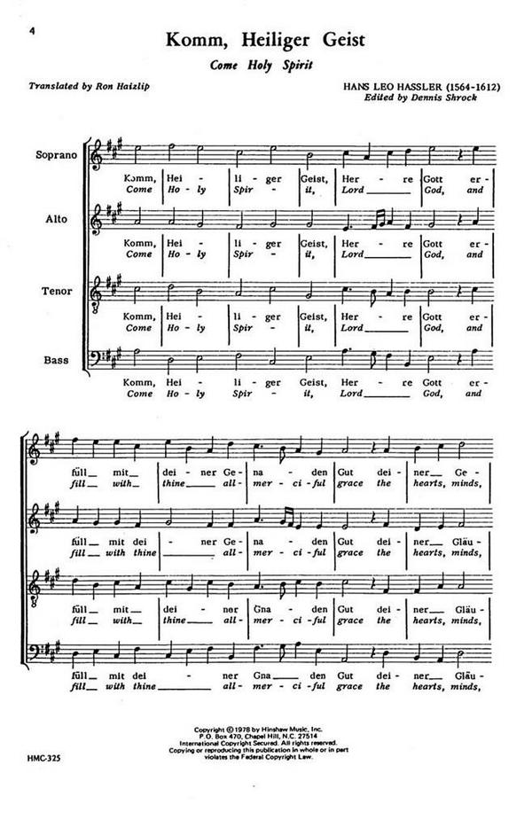 Hans Leo Hassler, Come Holy Spirit (Komm, Heiliger Geist)&nbsp;&nbsp;SATB a Cappella&nbsp;&nbsp;Chorpartitur