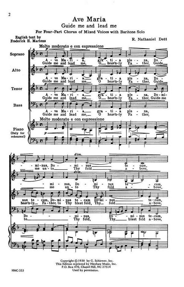 R. Nathaniel Dett, Ave Maria&nbsp;&nbsp;SATB, Baritone Solo, a Cappella&nbsp;&nbsp;Chorpartitur