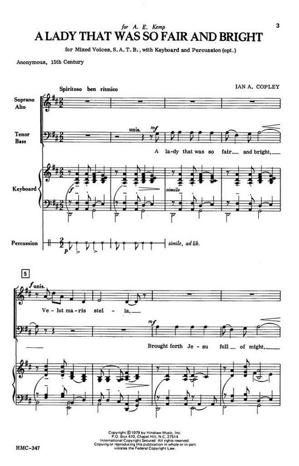 Ian Copley, A Lady That Was So Fair And Bright&nbsp;&nbsp;SATB and Keyboard&nbsp;&nbsp;Chorpartitur