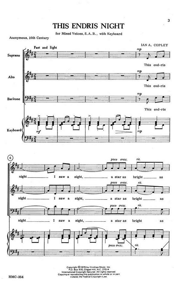 Ian Copley, This Endris Night&nbsp;&nbsp;SAB and Keyboard&nbsp;&nbsp;Chorpartitur