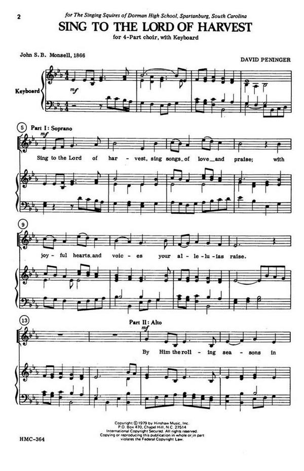 David Peninger, Sing To The Lord Of Harvest&nbsp;&nbsp;SATB and Keyboard&nbsp;&nbsp;Chorpartitur