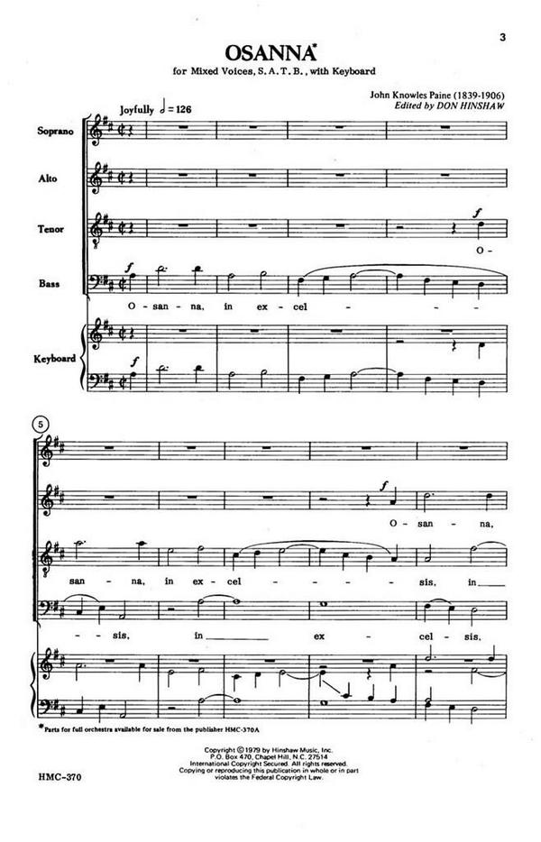 John Knowles Paine, Osanna&nbsp;&nbsp;SATB and Keyboard&nbsp;&nbsp;Chorpartitur