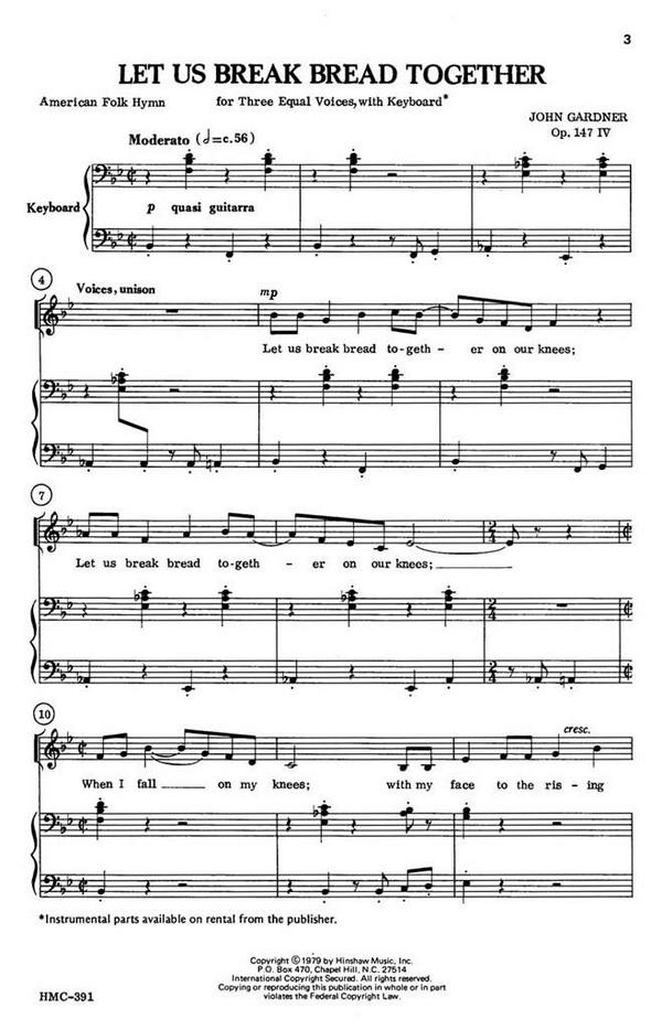 John Gardner, Let Us Break Bread Together&nbsp;&nbsp;3 Equal Voices, Keyboard&nbsp;&nbsp;Chorpartitur
