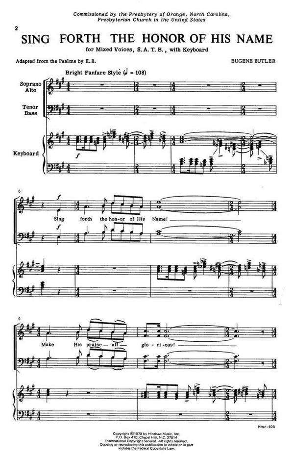 Eugene Butler, Sing Forth The Honor Of His Name&nbsp;&nbsp;SATB and Keyboard&nbsp;&nbsp;Chorpartitur