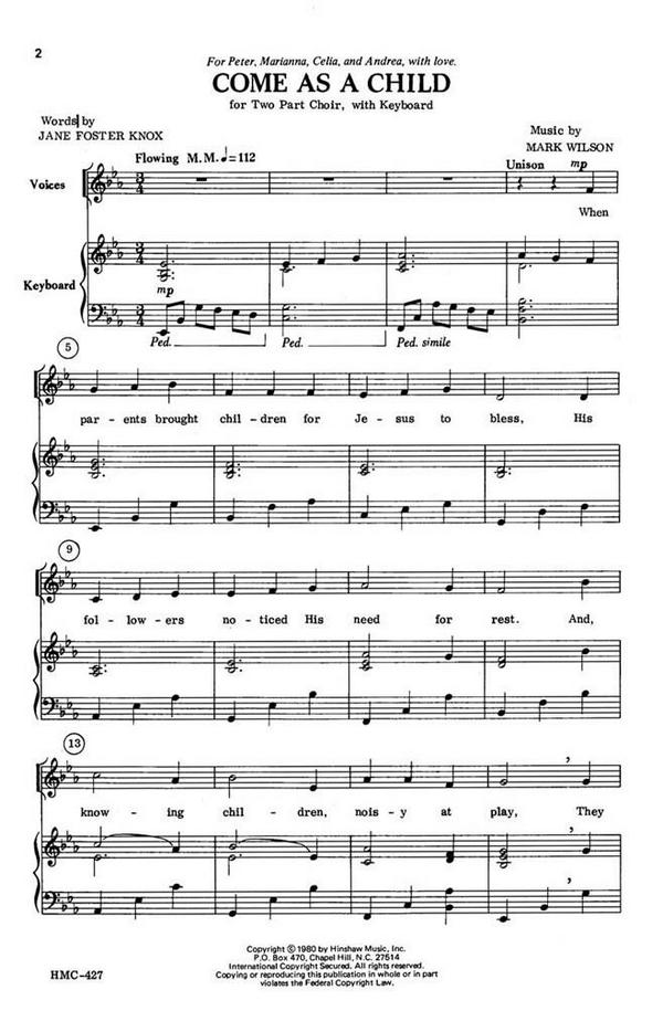 Mark Wilson, Come As A Child&nbsp;&nbsp;2-Part Choir and Piano&nbsp;&nbsp;Chorpartitur