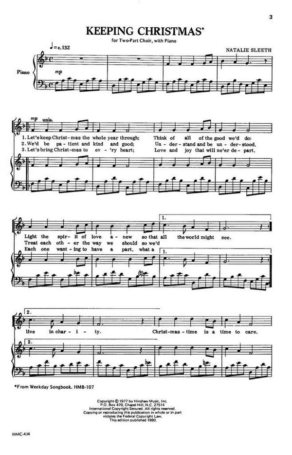 Natalie Sleeth, Keeping Christmas&nbsp;&nbsp;2-Part Choir and Piano&nbsp;&nbsp;Chorpartitur