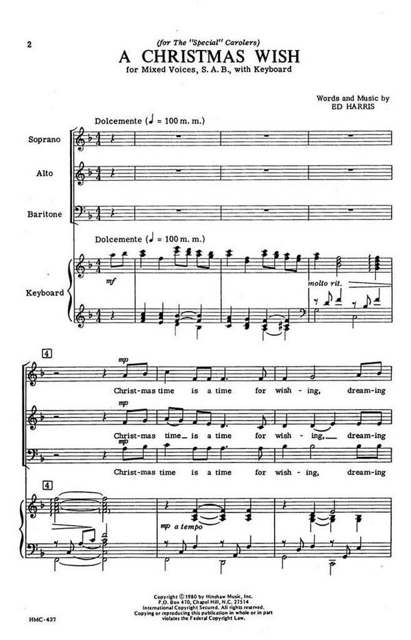 Ed Harris, A Christmas Wish&nbsp;&nbsp;SAB and Keyboard&nbsp;&nbsp;Chorpartitur