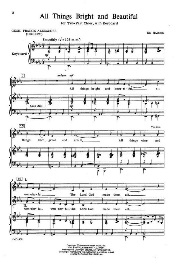 Ed Harris, All Things Bright And Beautiful&nbsp;&nbsp;2-Part Choir and Keyboard&nbsp;&nbsp;Chorpartitur
