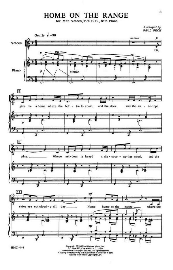 Home On The Range&nbsp;&nbsp;TTBB, Piano&nbsp;&nbsp;Chorpartitur