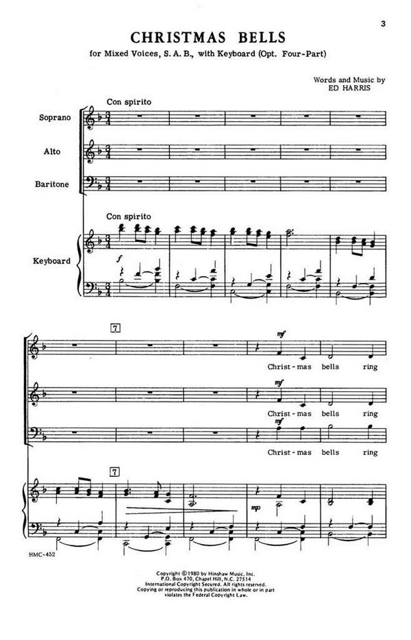 Ed Harris, Christmas Bells&nbsp;&nbsp;SAB, Optional 4-Part, Keyboard&nbsp;&nbsp;Chorpartitur