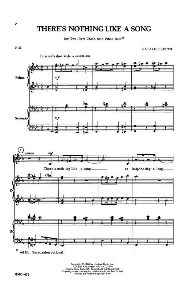 Natalie Sleeth, There's Nothing Like A Song&nbsp;&nbsp;2-Part, any combination, Piano Duet, Optional Percussion Ad Lib&nbsp;&nbsp;Chorpartitur