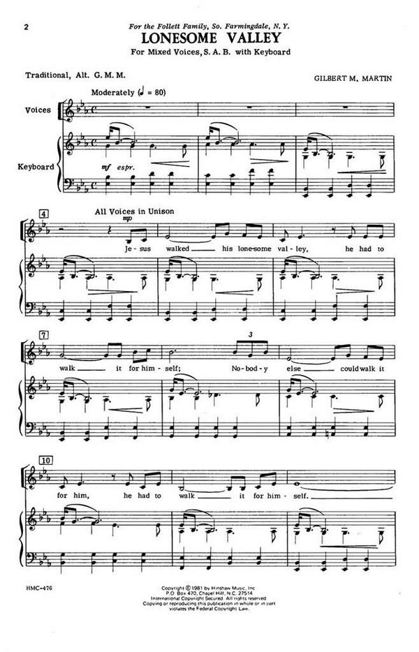 Gilbert Martin, Lonesome Valley&nbsp;&nbsp;SAB and Keyboard&nbsp;&nbsp;Chorpartitur