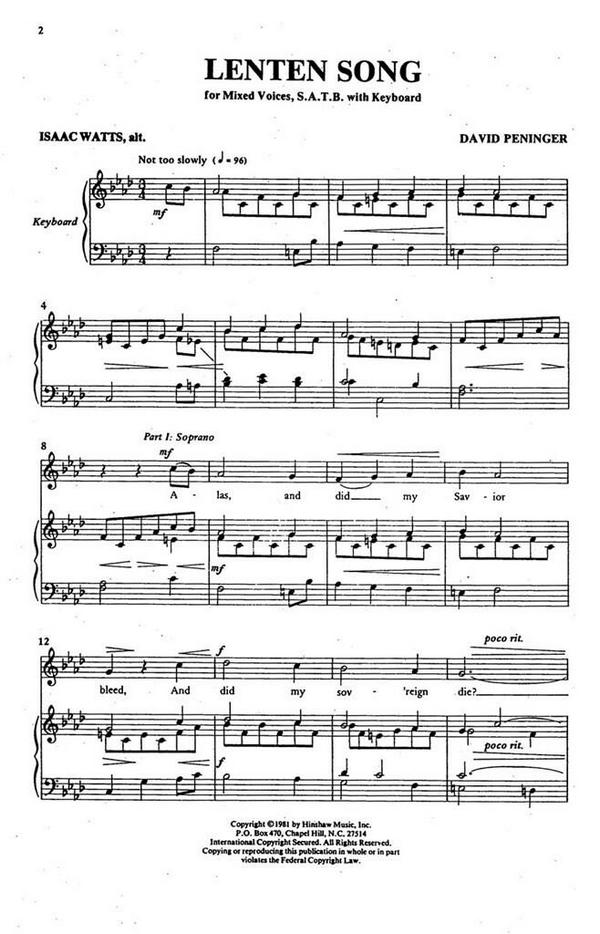 David Peninger, Lenten Song&nbsp;&nbsp;SATB and Keyboard&nbsp;&nbsp;Chorpartitur