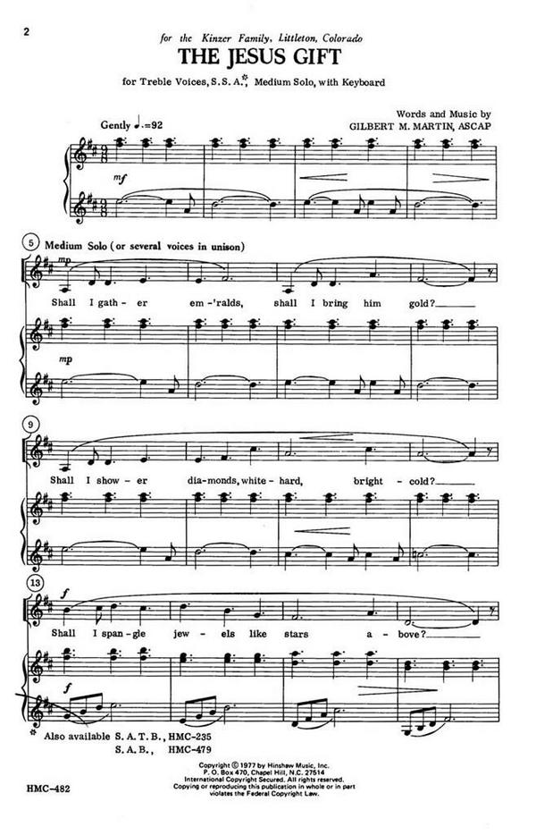 Gilbert Martin, The Jesus Gift&nbsp;&nbsp;SSA, Medium Solo, Keyboard&nbsp;&nbsp;Chorpartitur