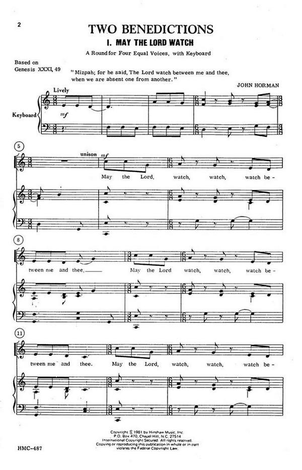 John Horman, Two Benedictions&nbsp;&nbsp;4 Equal Voices, Keyboard&nbsp;&nbsp;Chorpartitur