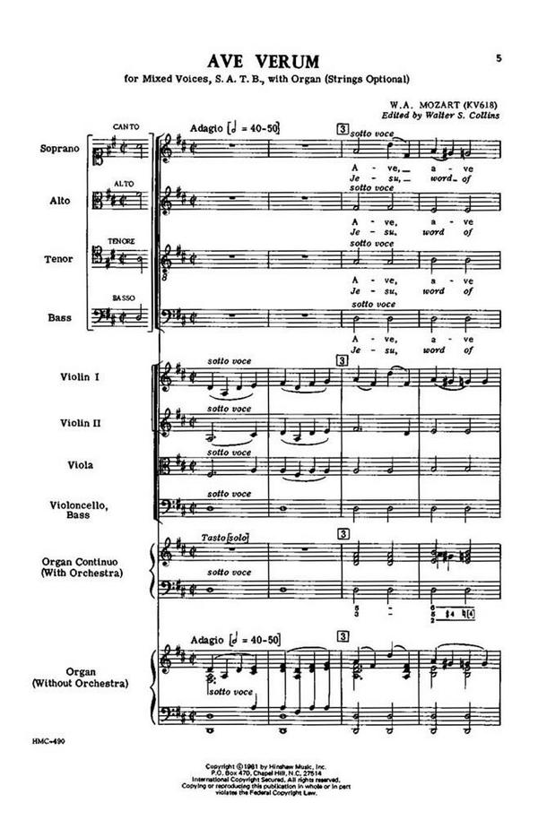 Wolfgang Amadeus Mozart, Ave Verum&nbsp;&nbsp;SATB and Organ&nbsp;&nbsp;Chorpartitur